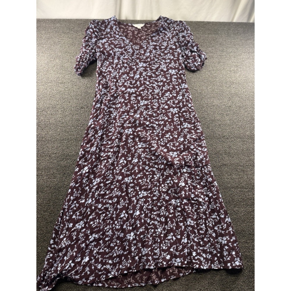 Time And Tru Women's Burgundy Floral Ruched Sleeve Midi Dress V-Neck S (4-6)